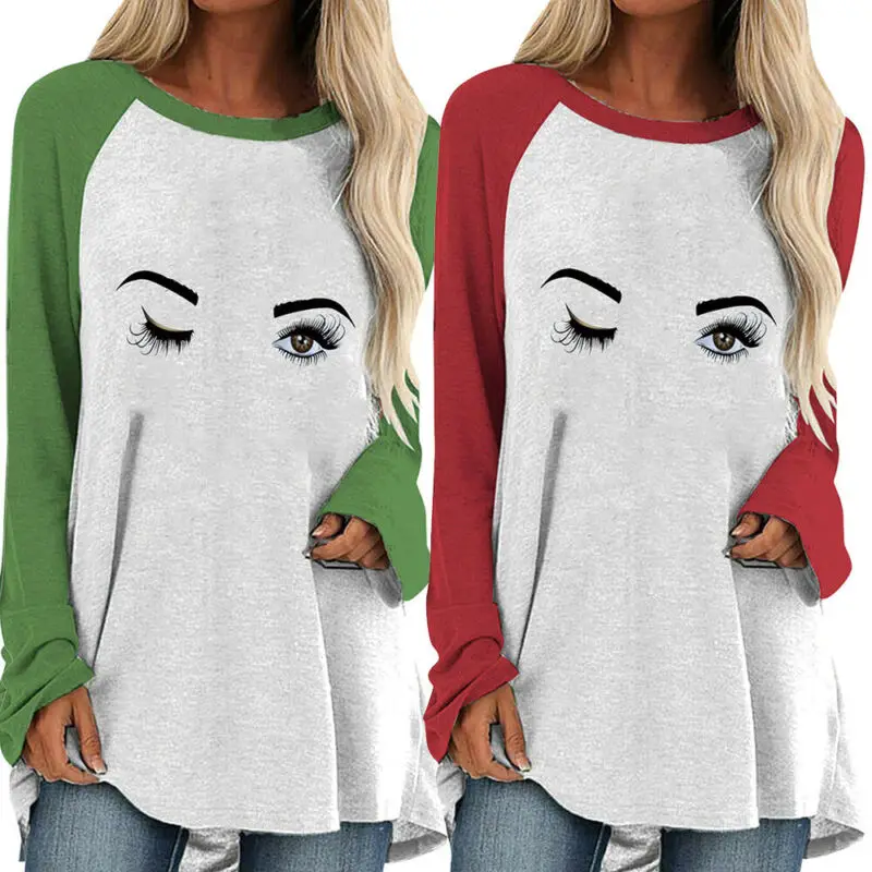 

Womens Casual Printed T-shirts Ladies Loose Raglan Long Sleeve Pullover Tee Tops