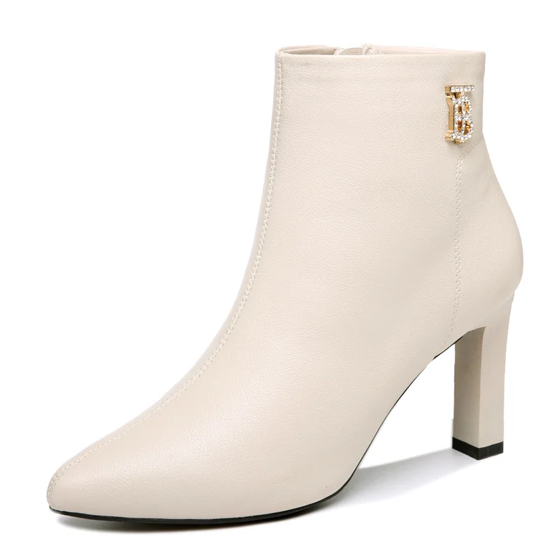 

Thin Heels Women Boots Pointed Toe High Heels Women Ankle Boots PU Lether TPU Heels Women Shoes Short Plush Zip Warm Boots 3-81