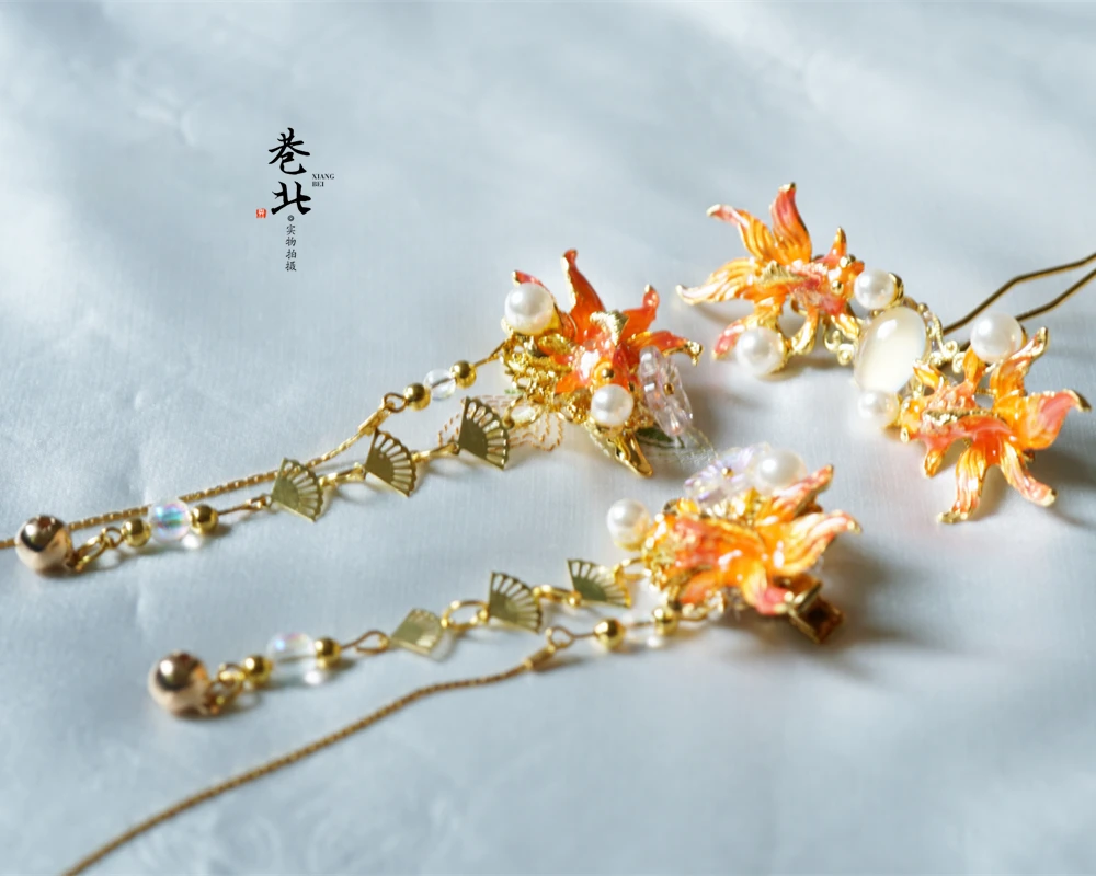 Головной убор для женщин Kanzashi классическая золотая рыбка кисточки заколка волос