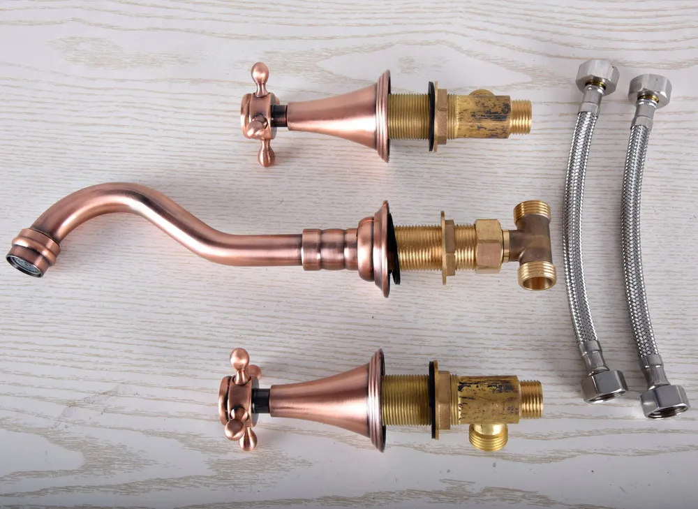 

Red Copper Widespread 3 Holes Bathroom Basin Faucet Mixer Tap Wall Mount Dual Handles Wsf505