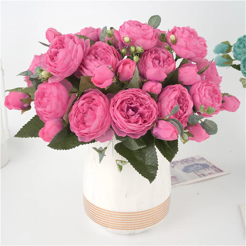 

30cm Rose Pink Silk Peony Artificial Flowers Bouquet 5 Big Head and 4 Bud Cheap Fake Flowers for Home Wedding Decoration indoor
