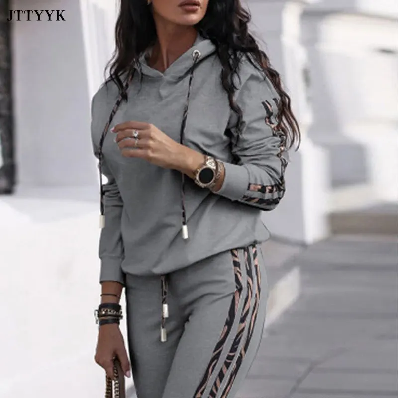 

2021 Women's Hooded Long Sleeve And Leisure Pants Suit Fashion 2 Piece Sets Women Autumn Winter Warm Splicing Stripes Tracksuit