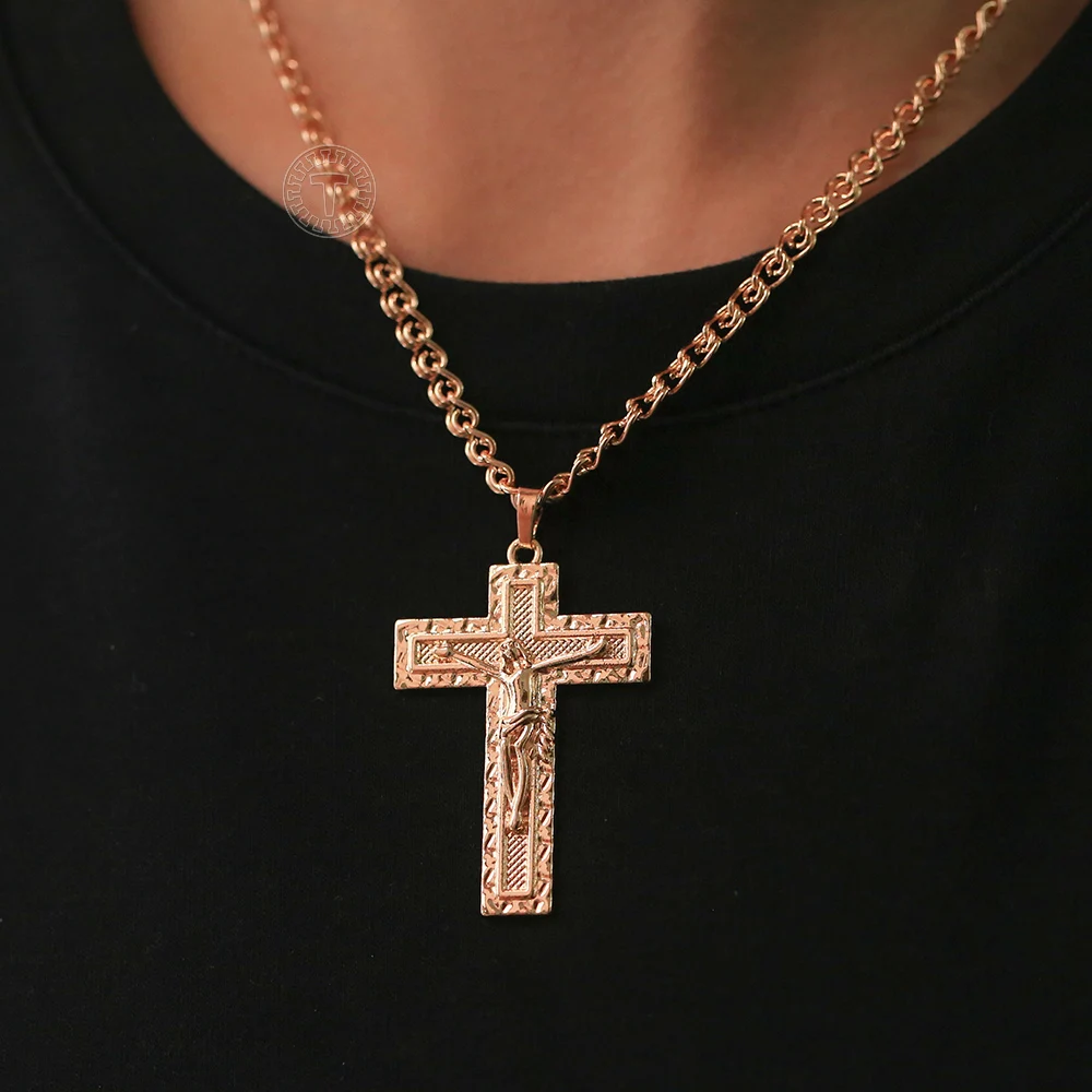 Fashion Men's Pendant 585 Rose Gold Color Cross Chain Big Jesus Charm Necklace For Husband Boy friend Gifts dropshipping GP437A