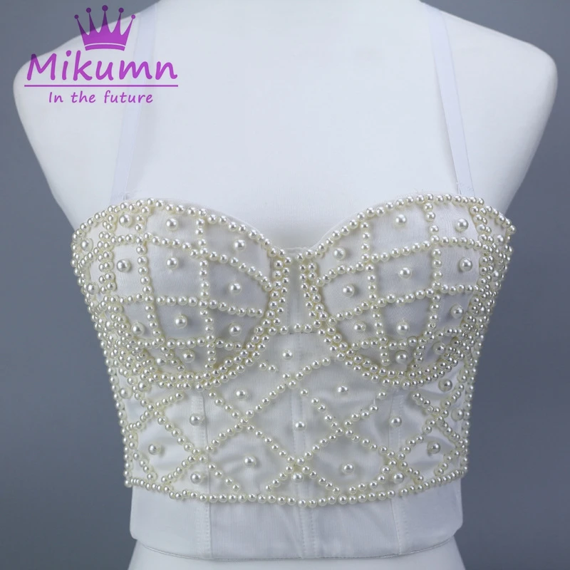 Черный белый жемчуг Bralet Corselet женский ночной клуб вечерние бюстье бюстгальтер обрезанный Топ Плюс Размер Camis Mujer