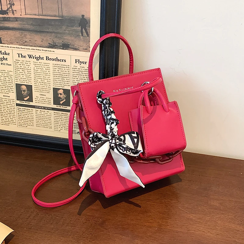 

Designer PU Son and Mother Square Bag Silk Scarf Bowknot Women's Shoulder Crossbody Bag Chain Handbag and Purse Female Tote Bags