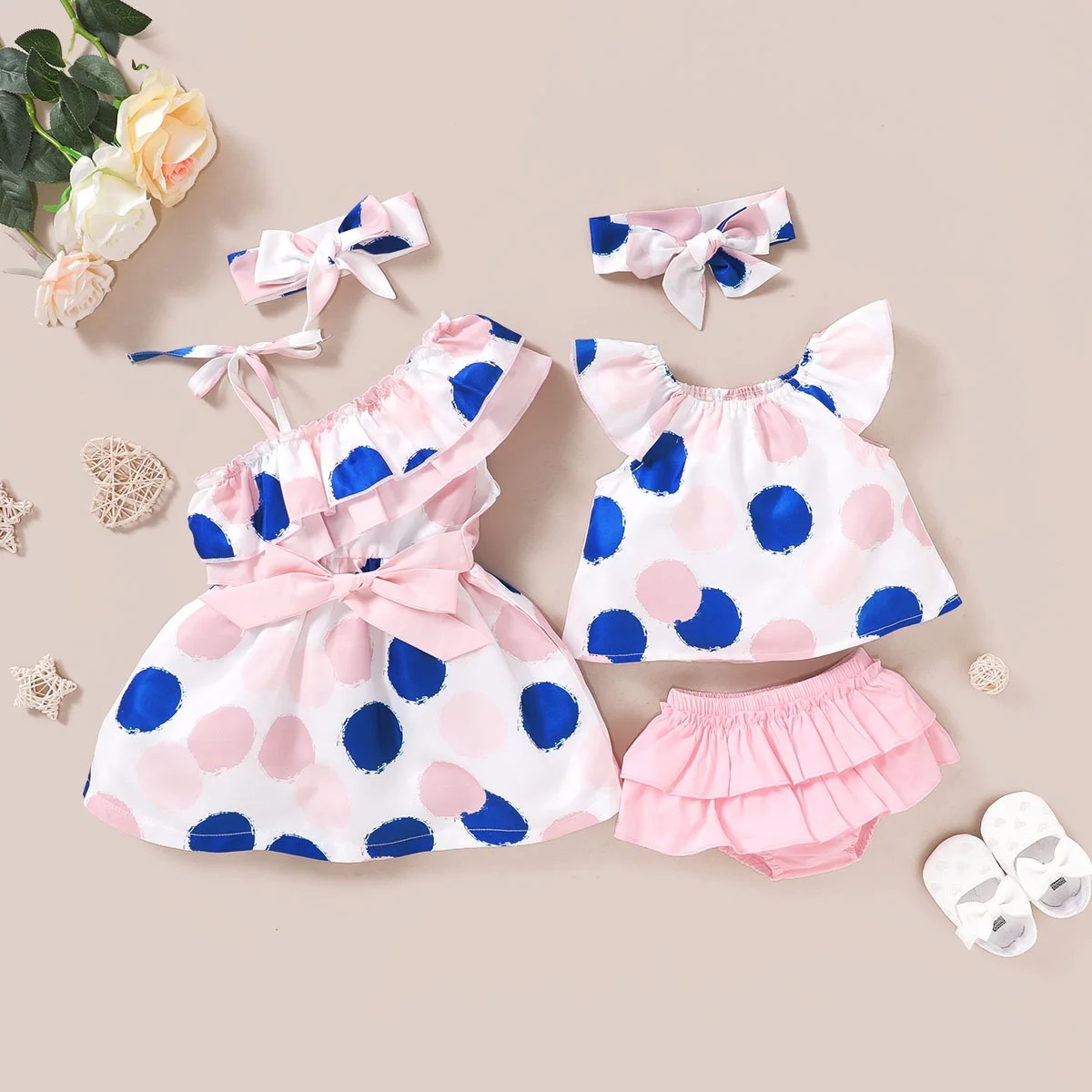 

Summer Dress Girls sisters Hot Style Polka Dot Suspender Skirt /Small Lace Shorts Spring and Autumn + Hair Tie Two-Piece Suit