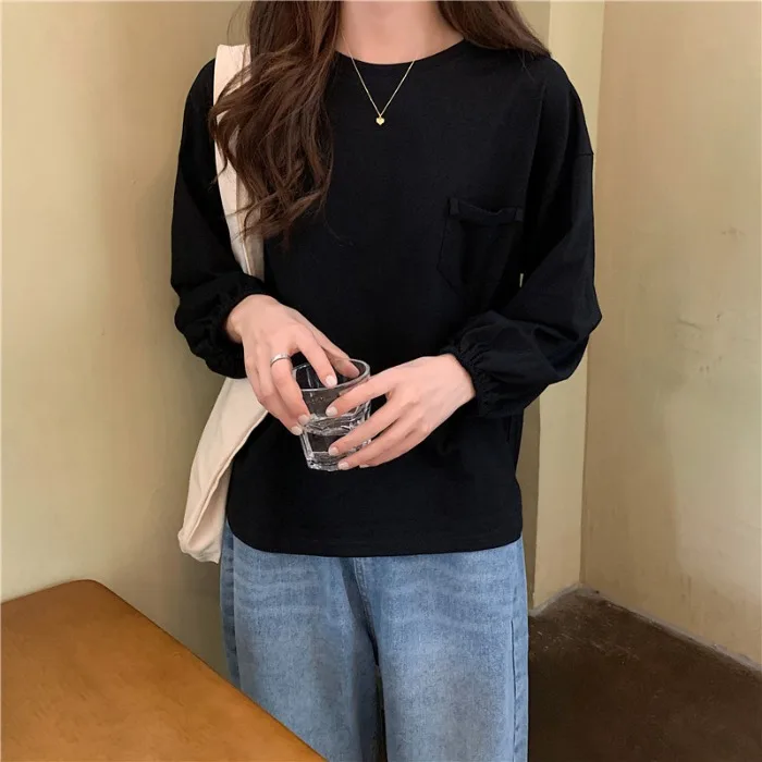 

White T-shirt for Women 2021 New Spring Clothing Korean Style round Neck All-Matching Long Sleeve Bottoming Shirt Loose Top for