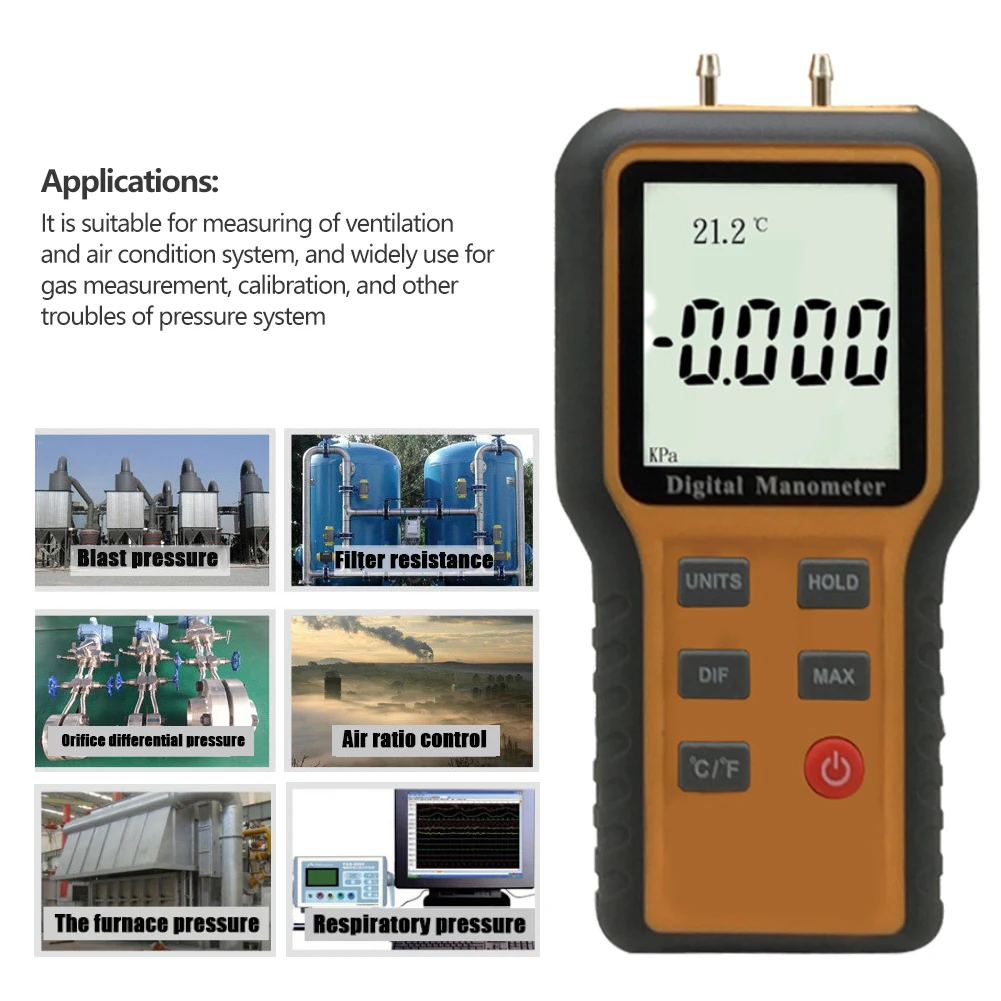 

Digital Manometer Gauge Pipe Pressure LCD Display High Accuracy DIF Mode Tester