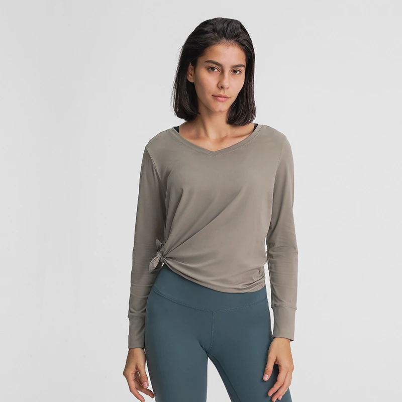 

2021 New Loose Women's Simple Leisure Sports Long Sleeve T-shirt Open Waist Quick Dry Breathable Gym Workout Fitness Yoga Tops