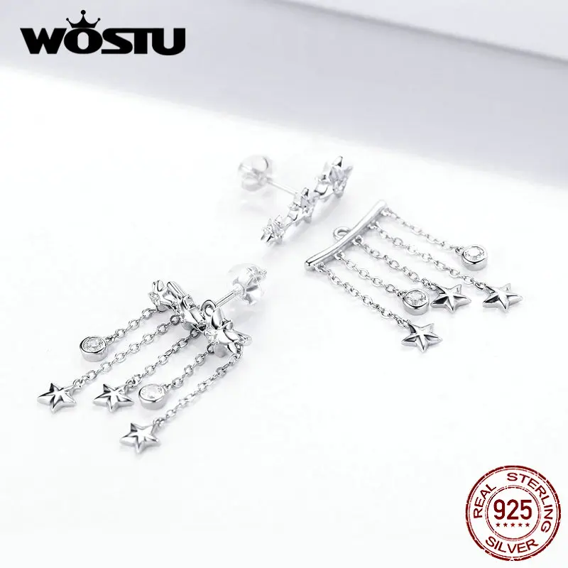 WOSTU, 925 пробы, серебряная звезда, линия кисточек, серьги-гвоздики для женщин, циркон, модные свадебные серьги, серебро 925, ювелирное изделие CQE700