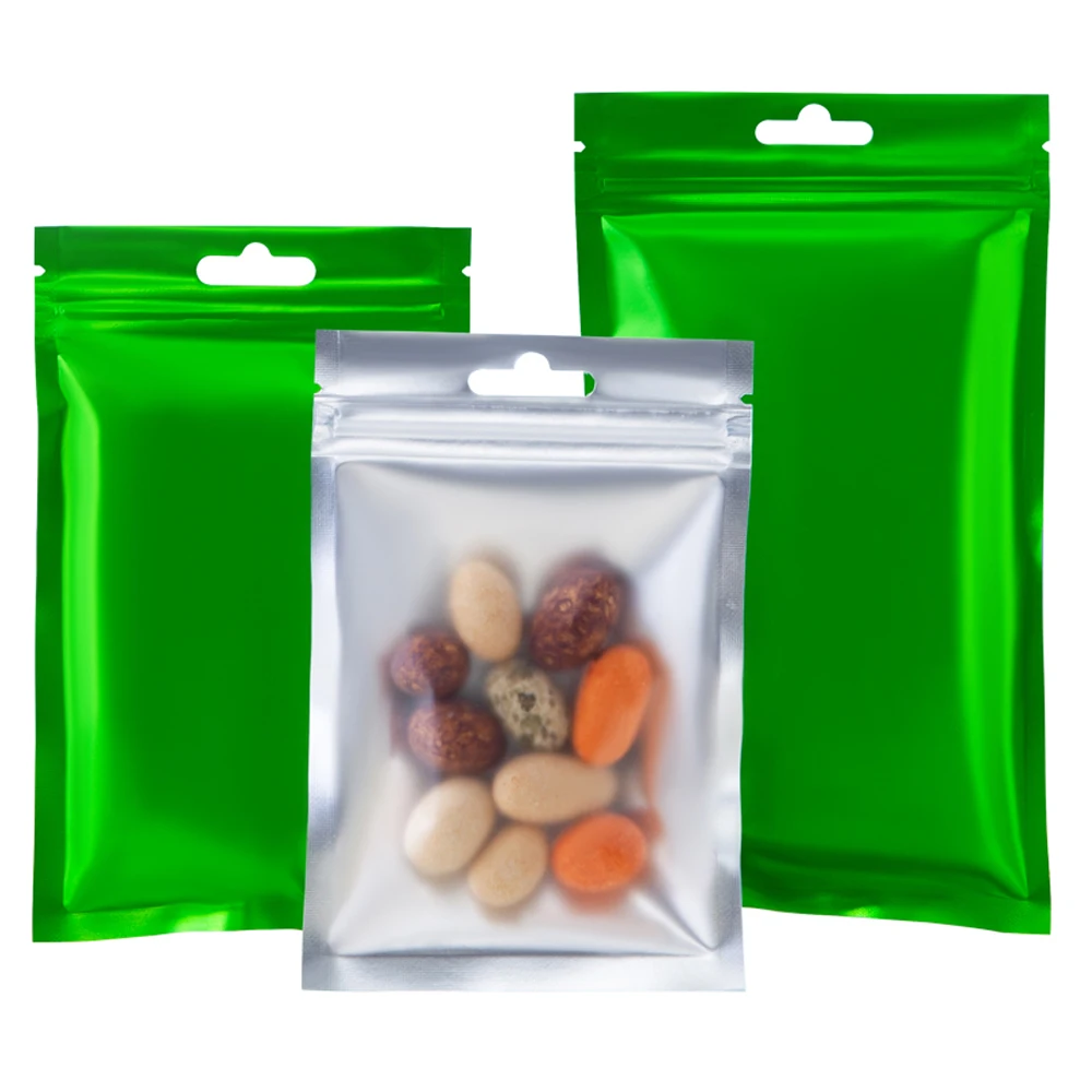 R Notch Flat Pouches For Food Snack Chocolate Bean Tea Pack Clear Green Aluminum Foil Zip Lock Bag With Hang Hole