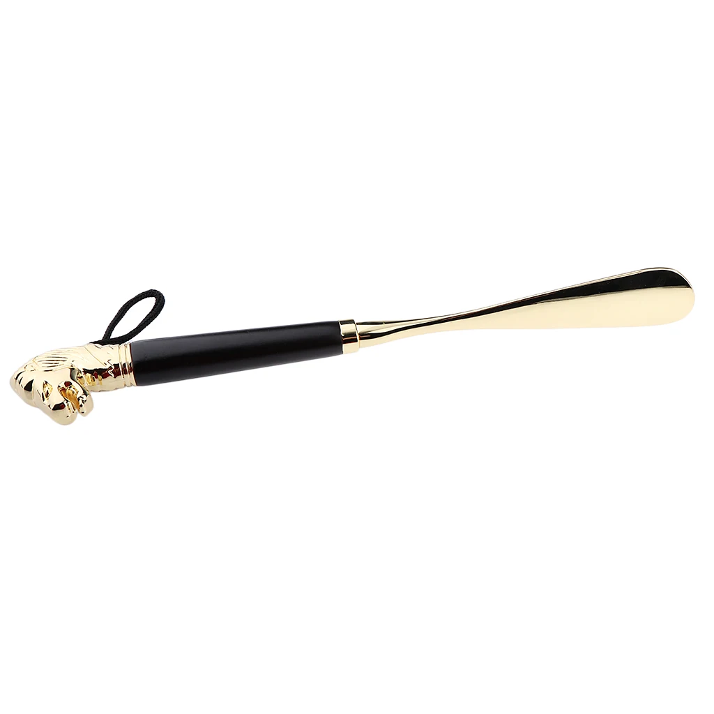 Flexible Stylish Golden Metal Black Wooden Handle Shoe Horn Lion Head Spoon Shoehorn 32 cm