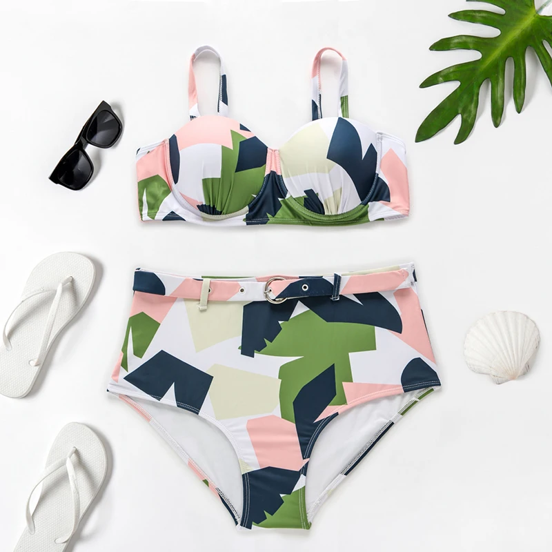 Купальник с высокой талией женский купальник большого размера комплект бикини