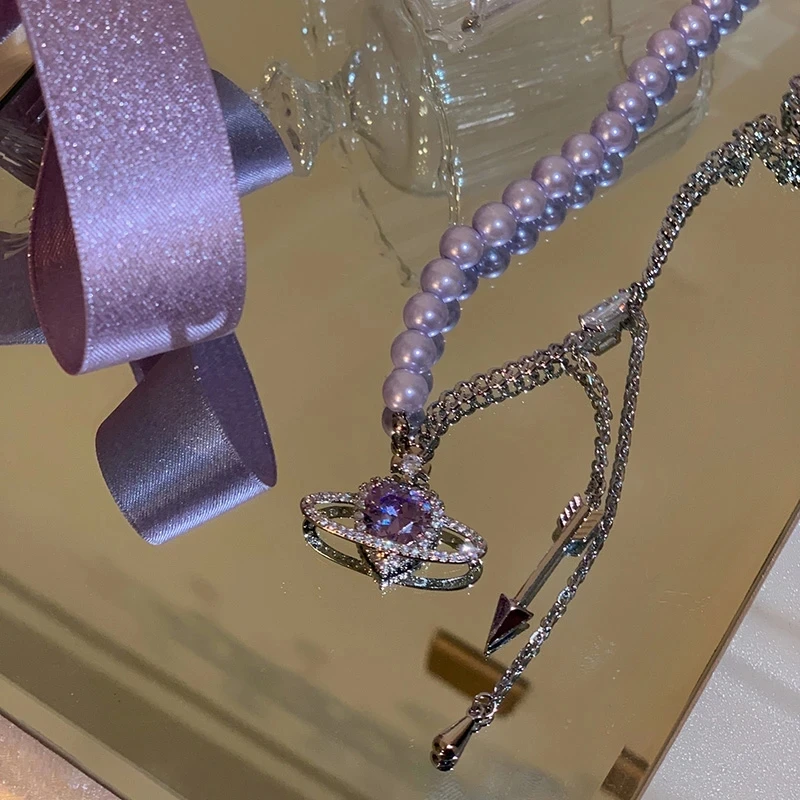 

Romantic universe love zircon planet purple pearl stitching necklace niche design dream sweet and cool temperament necklace
