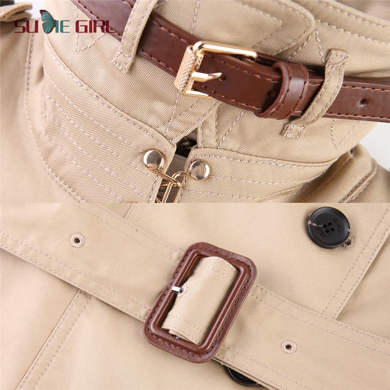 

SUDIE Girl Spring and autumn new style lapel double-breasted lace-up waterproof windbreaker ladies mid-length coat