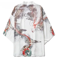 harajuku japanese kimono jacket 2020 summer fire dragon print loose shirt japan streetwear front open coat kimono