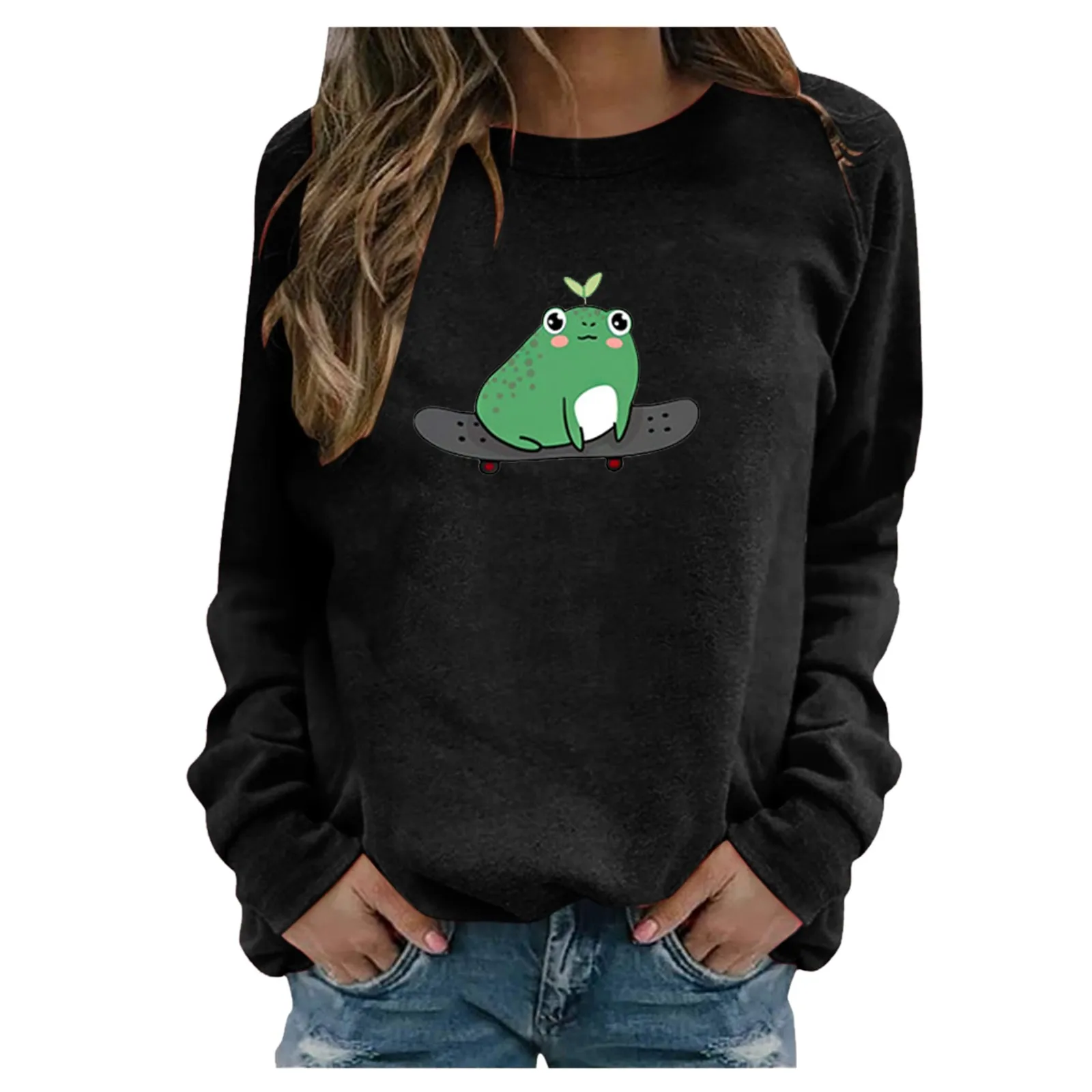 59# Spring Autumn Womens And Men Casual Long Sleeve Print Pullover Sweatshirt Tops Blouse Green Leaf Frog Round Neck Sweatshirts
