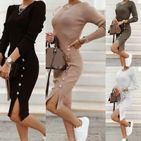 2021mini skinny winter package hip ribbed dress black sexy buttons bodycon dress elegant knitted women autumn dresses robe
