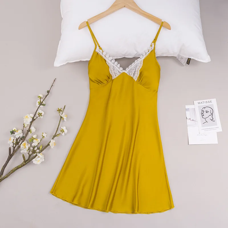 

Ice Silk Nightdress Women's Summer Thin Silk Sexy Suspenders Pajamas Lace Satin Homewear