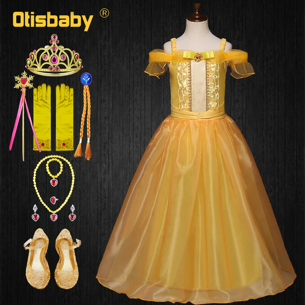

Girls Princess Belle Dress Halloween Beauty and the Beast Costume Child Summer Spring Kids Yellow Evening Dresses Gown Infant