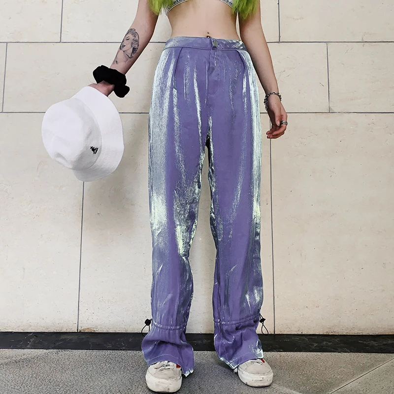 Голографические повседневные расклешенные брюки клеш хип хоп с высокой талией
