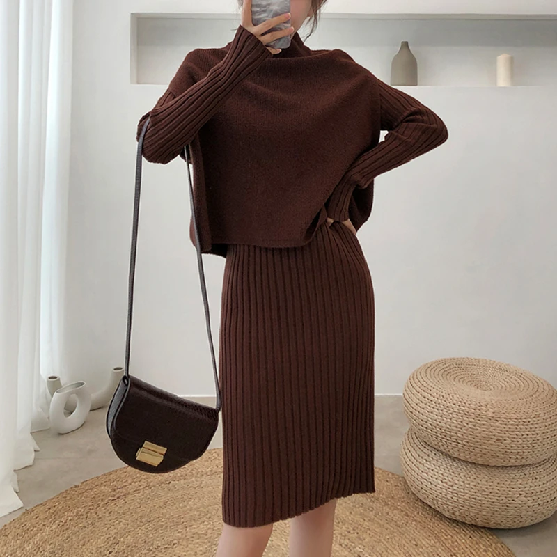 

Повседневное женское длинное платье с круглым вырезом, Женское зимнее облегающее модное корейское эластичное вязаное платье-свитер с длинными рукавами, пуловер из двух предметов