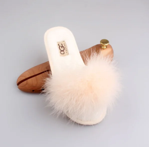 Тапочки из натуральной кожи; модные зимние женские домашние тапочки с открытым носком; меховые теплые высококачественные шерстяные Мягкие плюшевые женские Тапочки - Цвет: beige