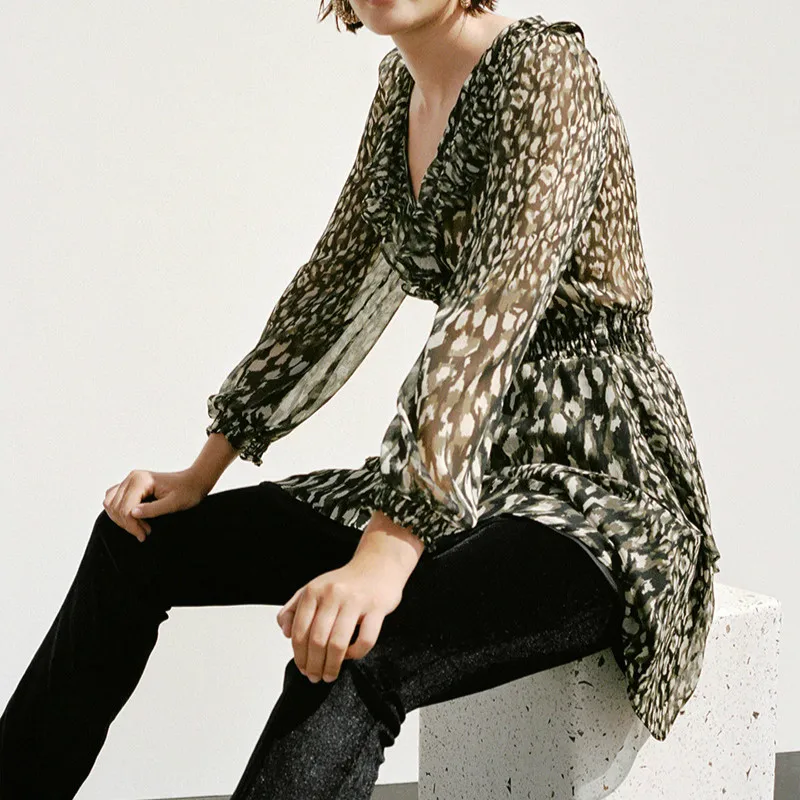 

Leopard Print V Neck Dress Women 2020 New Ruffle Chiffon Mini Dress Long Sleeve Elastic Waist Female Elegant Party Dresses