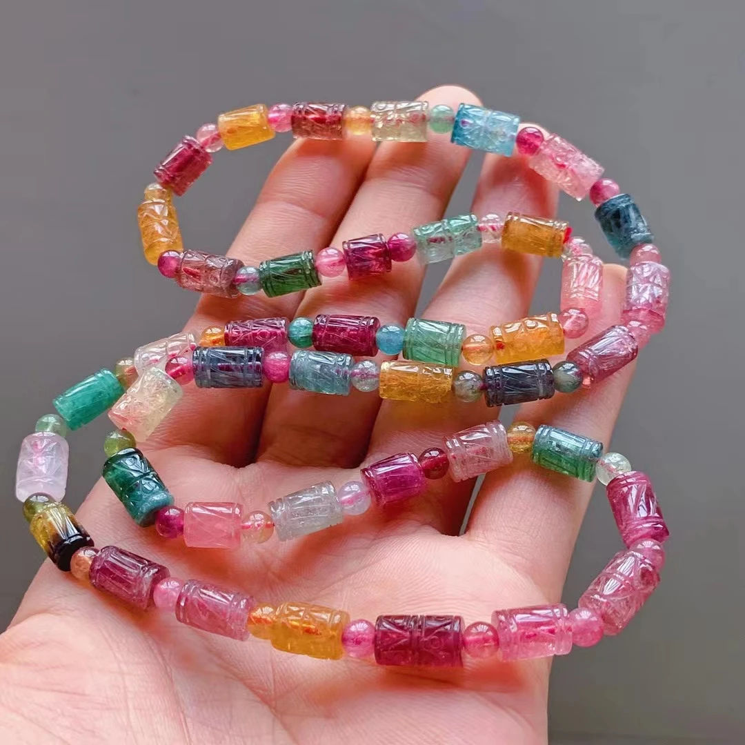 

Genuine Natural Colorful Tourmaline Crystal Bracelet 6mm Clear Barrel Carved Beads Women Crystal Jewelry AAAAAAA
