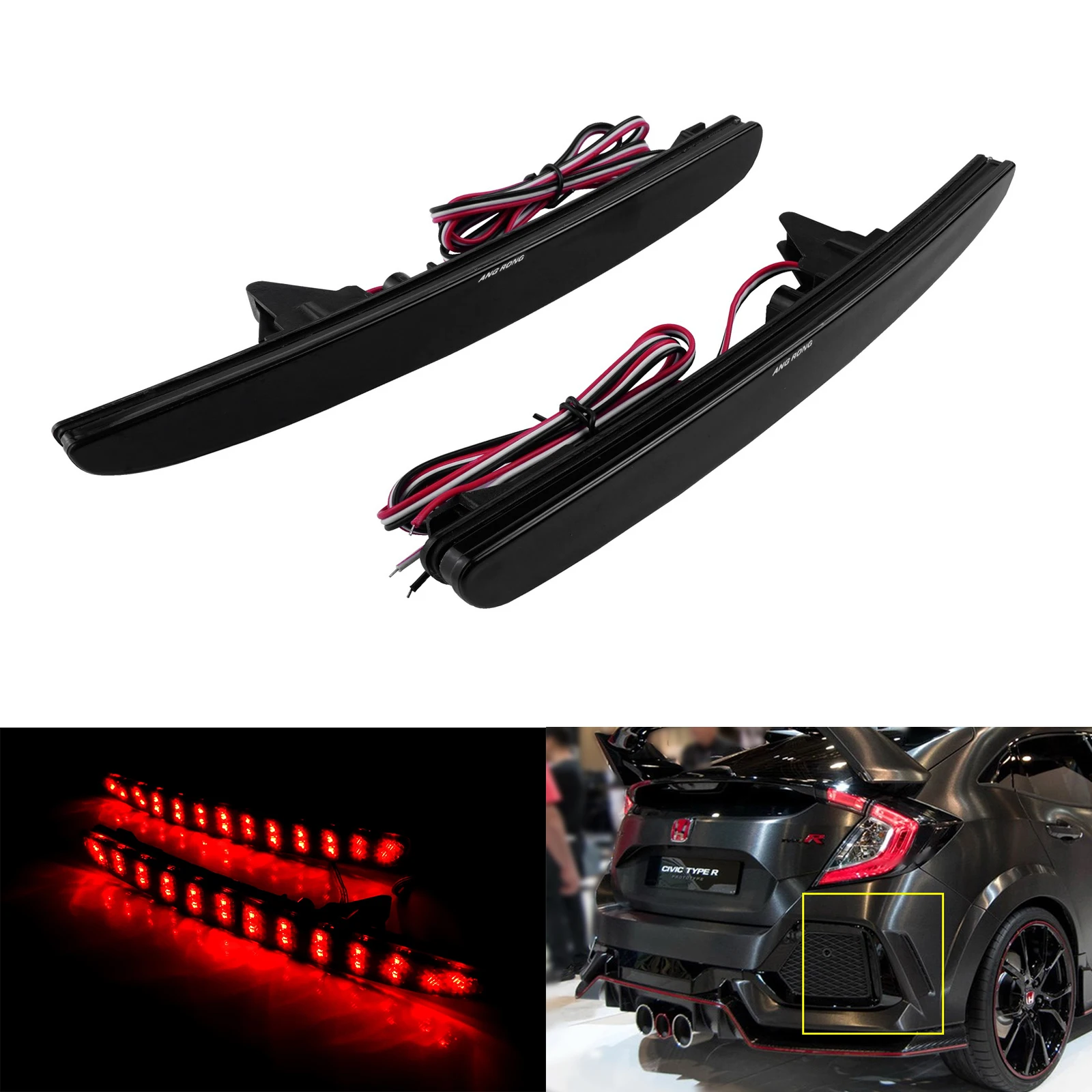 

ANGRONG 2x LED Rear Bumper Reflector Light Black Smoked Lens For Honda Civic X Type R 2016+