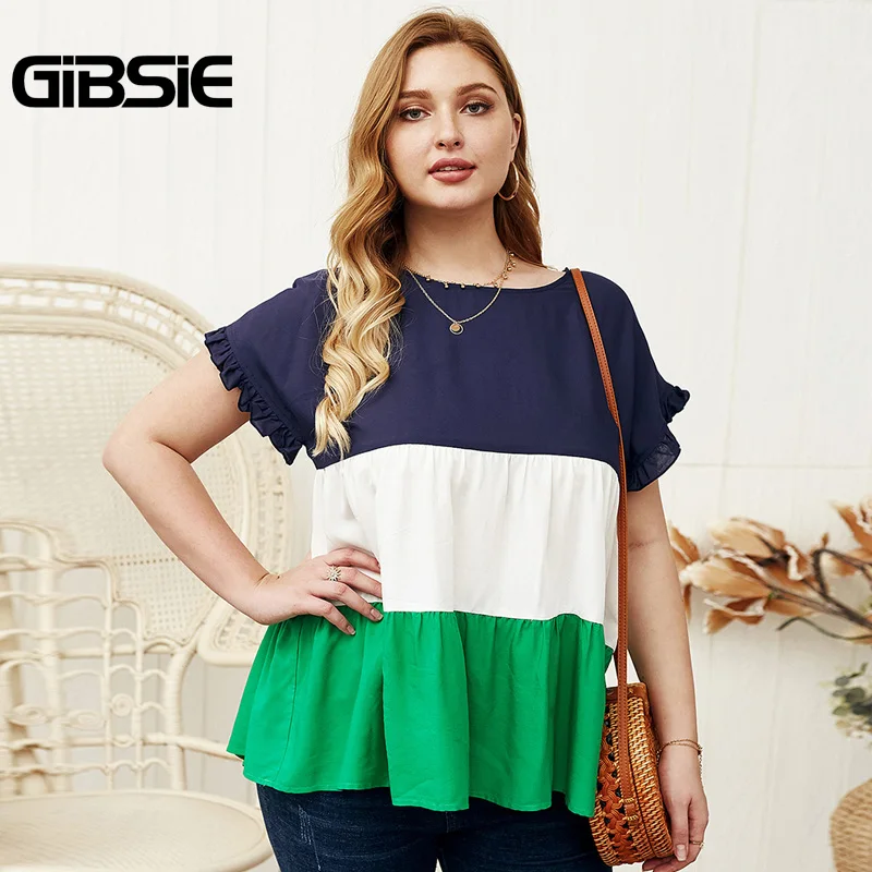 Женская свободная футболка GIBSIE с цветными блоками круглым вырезом и коротким