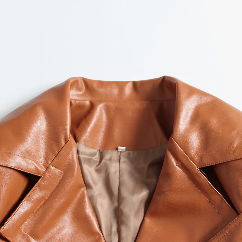 2019 Autumn Runway Woman PU Leather Coats High Waist Long Sleeve Pleated Sashes Elegant Tops | Женская одежда