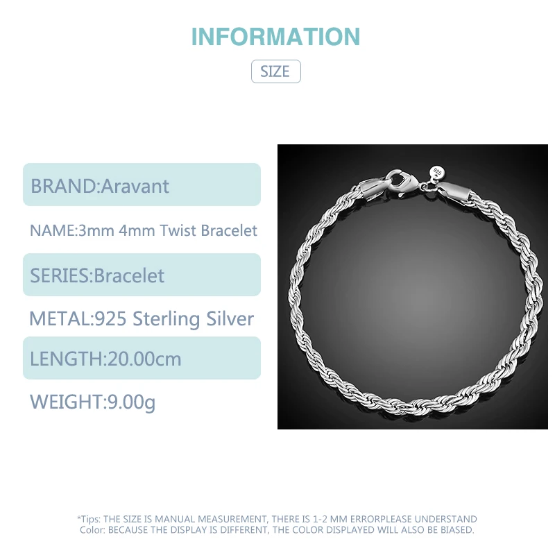 925 серебро 4 мм витые браслеты Цепочка для женщин модные ювелирные изделия -