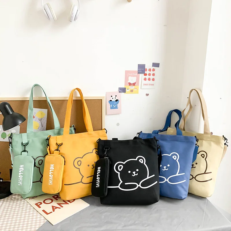 

Cute Cartoon Bear Shoulder Canvas Bag with Mini Bag Soft Messenger Bag Crossbody Bag Zipper Shopper Tote for Girl Student Child