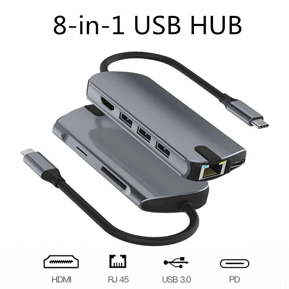Алюминиевый многопортовый адаптер Type C/USB C hub к HDMI Male (4K) Type-C Pass Through Ethernet SD/Micro Card Reader