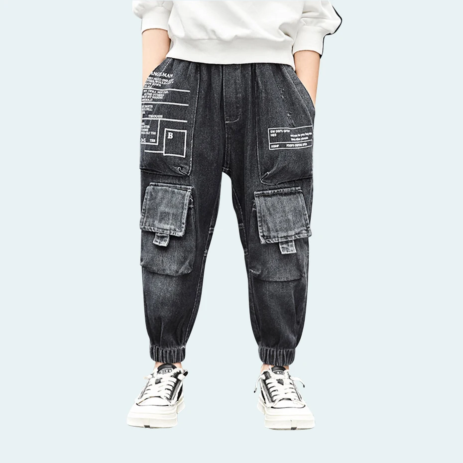 Джинсы для мальчиков модные джинсы с буквенным принтом детские джинсовые брюки в