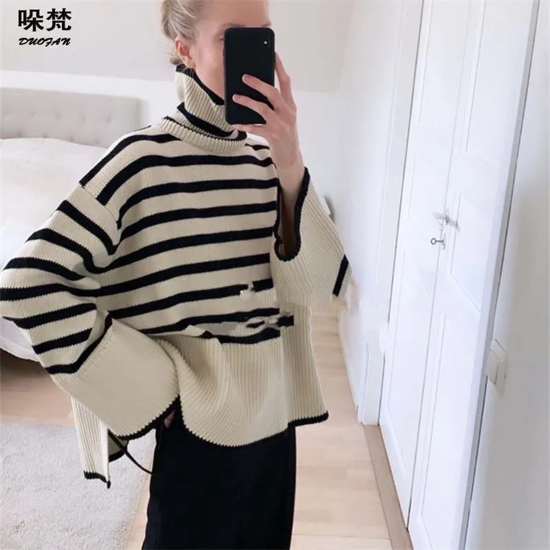 

DUOFAN Woman Sweaters Striped Turtleneck Pullover Knitted Vintage Baggy Jumper Long Sleeve Top Lazy Chic Knitwear Winter Clothes