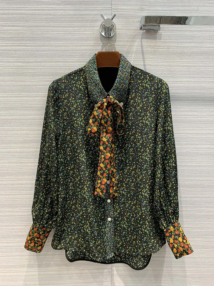 

Shirt 2021 Women Early Autumn Women's Clothing New Product Elegant Floral Print Color Matching Lace Silk Shirt
