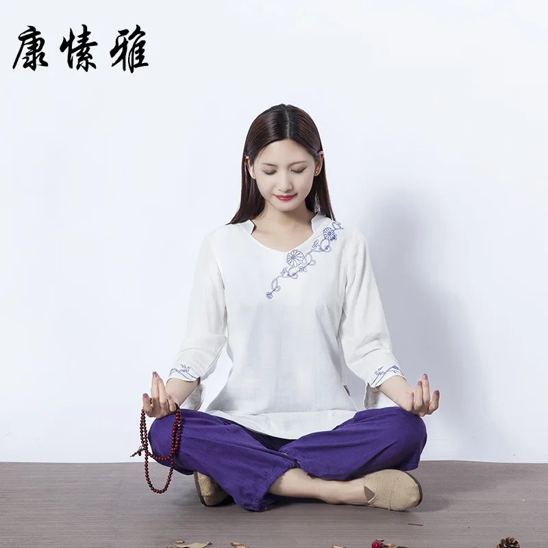 Женские Yoga Тай Чи одежда из хлопка и льна свободные рубашки с широкими штанинами