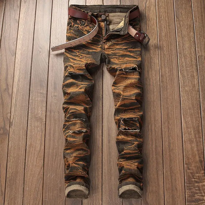 

Men's Jeans Retro Denim Pants Casual Hiphop Embroidery Trousers