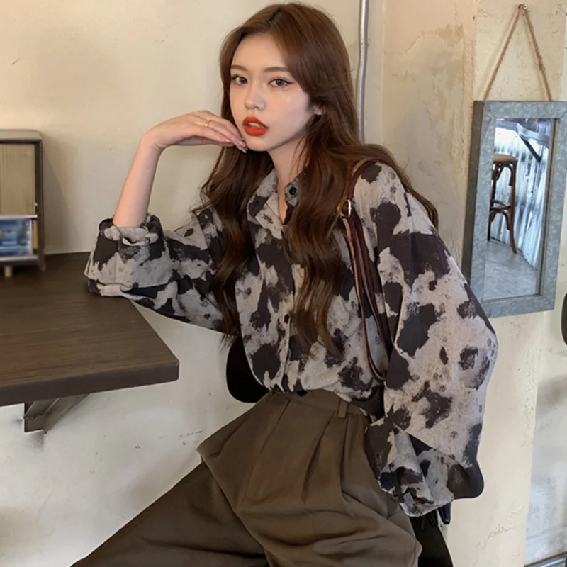 

Women Clothes Autumn Style Artistic Leopard Print Loose Tie-Dye Long-Sleeved Shirt