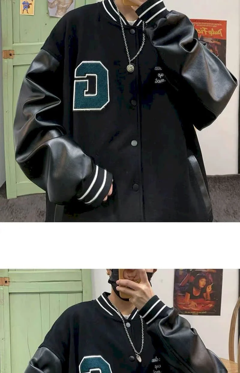 

Baseball uniform jacket men women Hong Kong style BF trend retro Light Up Street stitching leather jacket Korean motorcycle top