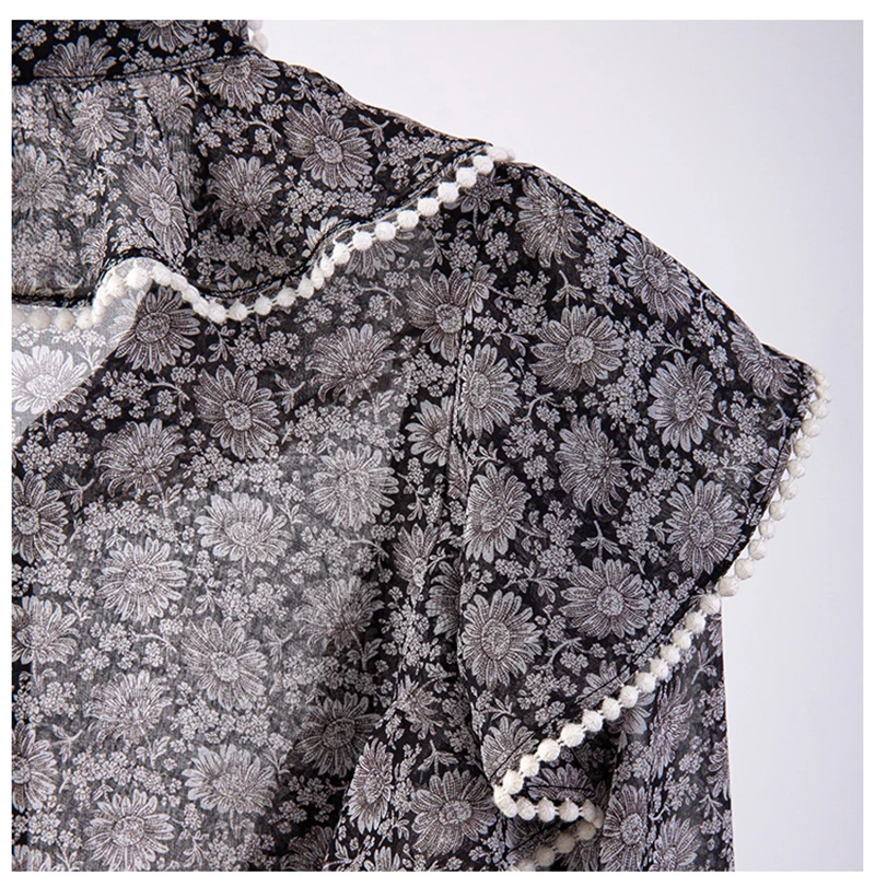 

[EAM] Women Black Printed Ruffles Thin Blouse New Stand Collar Long Sleeve Loose Fit Shirt Fashion Spring Autumn 2021 1DD6920