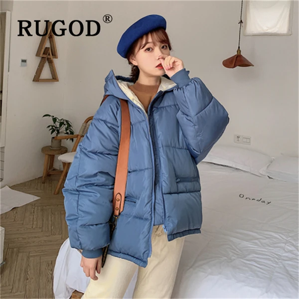Синий RUGOD Korean solid cotton women coat Fashion Plus Size Down Jacket Auturm winter Thicken Warm Cotton outwear parka overcoat - Цвет: Синий