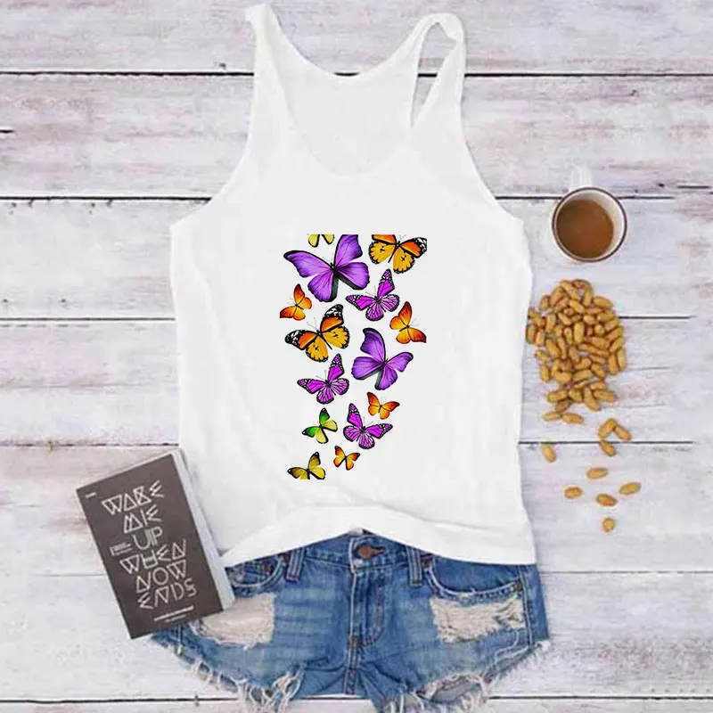 

2021 Aesthetic Butterfly Print Sleeveless Tank Fashion New Summer Women Tees Tops Casual Slim Crop Tops Fashion Clothes S-2XL