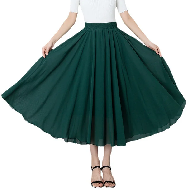 

Solid Color Chiffon A- Line Skirt Women's 2021 Summer New High Waist Slimming Dancing Skirt Femme Beach Swing Boho Maxi Skirt