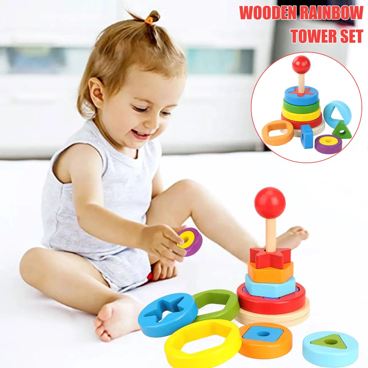 

Kids Pyramid Tower Stacking Duck Toy Baby Birth Montessori Wooden Rainbow Educational Child Toys Christmas Gift