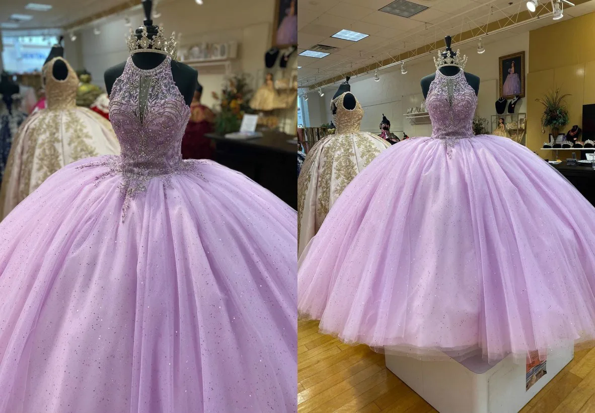 

Romantic Lilac Halter Quinceanera Prom Dresses Ball Gown Rhinestones Top Bling Puffy Skirt Beaded Evening Formal Gowns Plus Size
