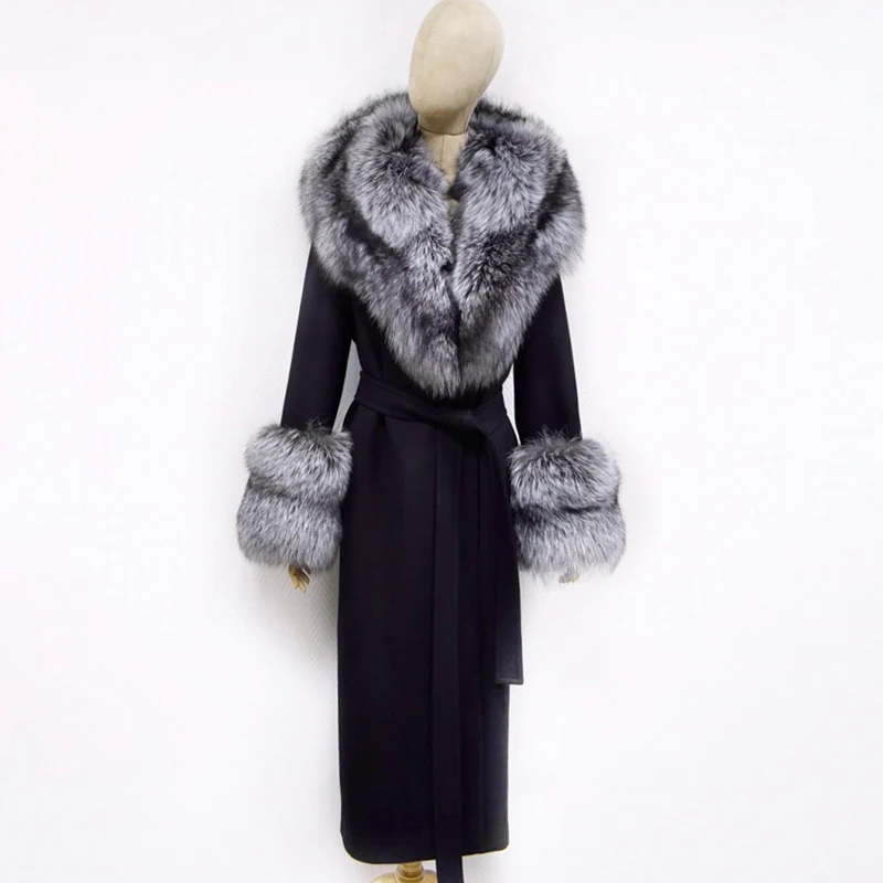120cm Long Winter Fashion Real Silver Fox Fur Wool Blend Coats Women Warm Overcoats Natural Fox Fur Cashmere Wool Overcoat Warm enlarge