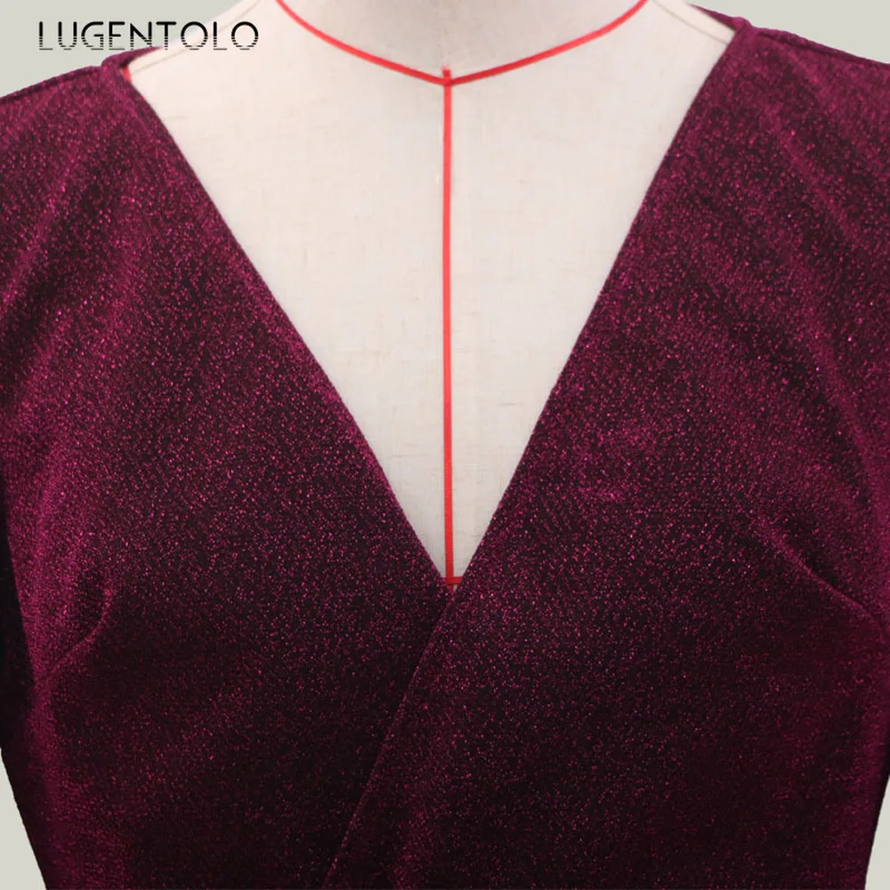 

Sexy Party Dress Women Spring V-neck Elegance Long Sleeve Purple Zipper Floor-Length Womens Dresses Lugentolo